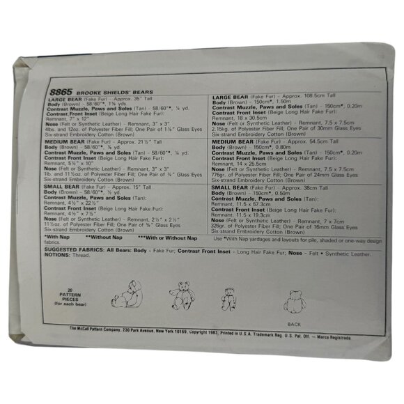 McCalls 8865 713 Brooke Shield Moon Bears Sewing Pattern 3 Sizes Uncut 15” - 35” - Picture 5 of 6